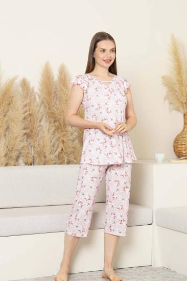 Desenli Kadın Pijama Takımı - Bahar Çiçekleri Fırfırlı kol Likralı Viskon Bermuda 2840B