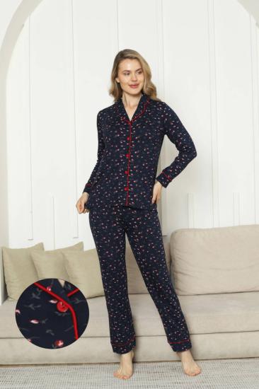 Önden Düğmeli Kadın Pijama Takımı - Laciver Gül Desenli Uzun Kol Likralı Rink Viskon 2862UY