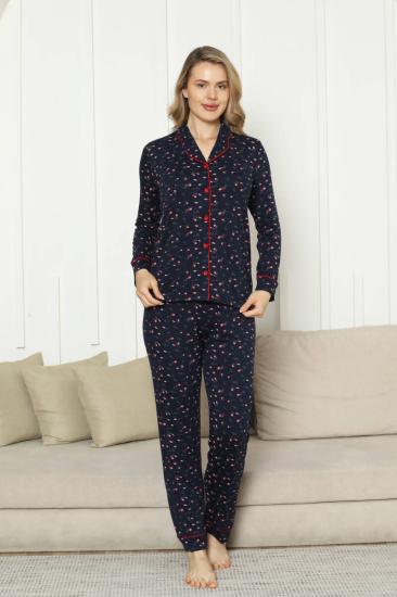 Önden Düğmeli Kadın Pijama Takımı - Laciver Gül Desenli Uzun Kol Likralı Rink Viskon 2862UY