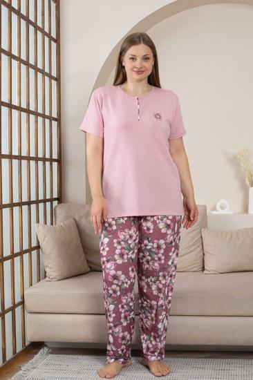 Büyük Beden Bayan Pijama Takımı - Gülkurusu Çiçek Desen Kısa Kol Likralı Penye 2859KYB