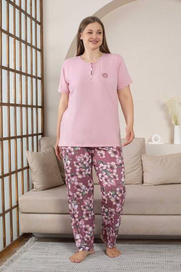 Büyük Beden Bayan Pijama Takımı - Gülkurusu Çiçek Desen Kısa Kol Likralı Penye 2859KYB