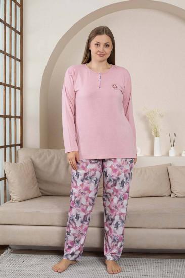 Büyük Beden Bayan Pijama Takımı - Gülkurusu Çiçek Desen Uzun Kol Likralı Penye 2859UYB