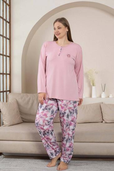 Büyük Beden Bayan Pijama Takımı - Gülkurusu Çiçek Desen Uzun Kol Likralı Penye 2859UYB