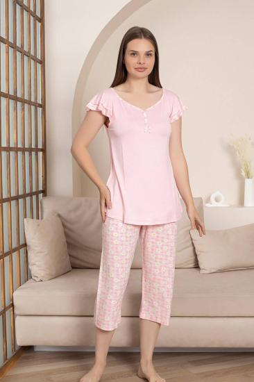 Desenli Kadın Pijama Takımı - Papatya Kareli Likralı Viskon Bermuda 2864B