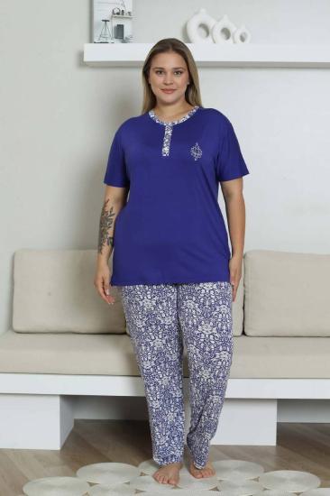 Büyük Beden Pijama Takımı - Saks Mavi Etnik Desenli Kısa Kol Likralı Rink Viskon 2865KYB