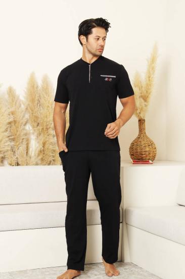 Erkek Pijama Takımı - Siyah Arma Nakışlı Likralı Kısa Kollu Penye 1194KY