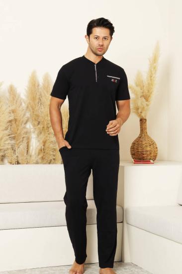 Erkek Pijama Takımı - Siyah Arma Nakışlı Likralı Kısa Kollu Penye 1194KY