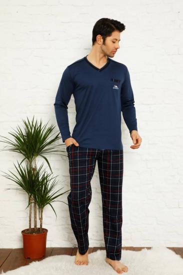 Koyu İndigo Ekoseli Uzun Kollu Erkek Pijama Takımı 1167UY