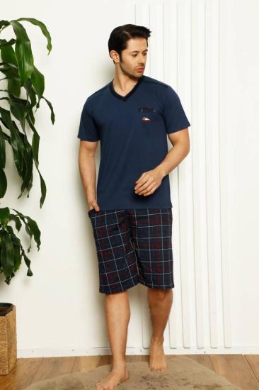 Koyu İndigo Ekoseli Şortlu Erkek Pijama Takımı 1167ŞT