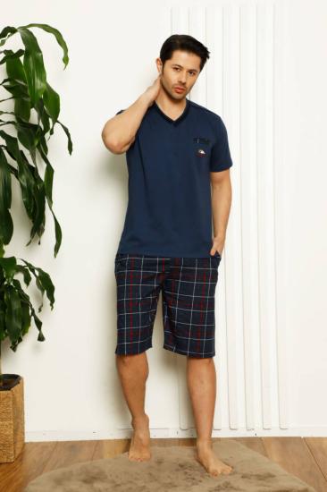 Koyu İndigo Ekoseli Şortlu Erkek Pijama Takımı 1167ŞT