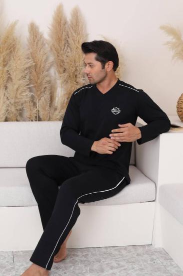 Erkek Pijama Takımı - Siyah Arma Nakışlı V Yaka Uzun Kollu Penye 1216UK