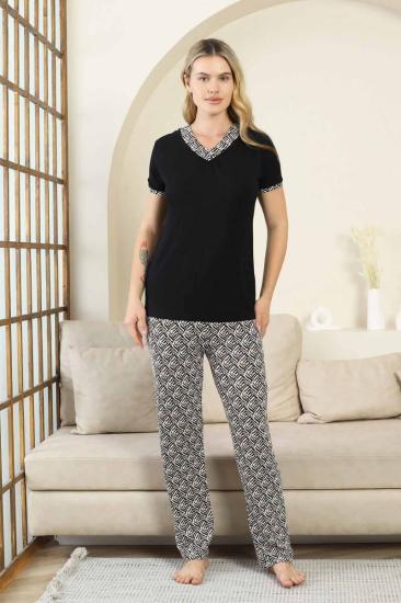 Etnik Desenli Kadın Pijama Takımı - Siyah V Yaka Kısa Kollu Bambu Likralı 2866KY