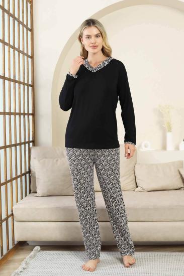Etnik Desenli Kadın Pijama Takımı - Siyah V Yaka Uzun Kollu Bambu Likralı 2866UY