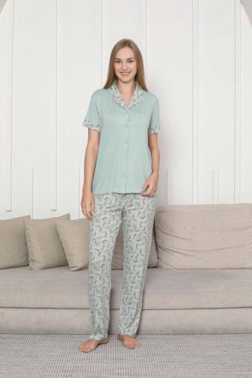 Önden Düğmeli Kadın Pijama Takımı - Su Yeşili Çiçek Desenli Kisa Kol Likralı Rink Viskon 2872KY