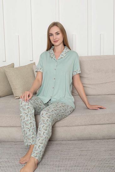 Önden Düğmeli Kadın Pijama Takımı - Su Yeşili Kisa Kol Likralı Rink Viskon 2872KY
