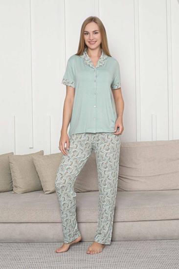 Önden Düğmeli Kadın Pijama Takımı - Su Yeşili Çiçek Desenli Kisa Kol Likralı Rink Viskon 2872KY
