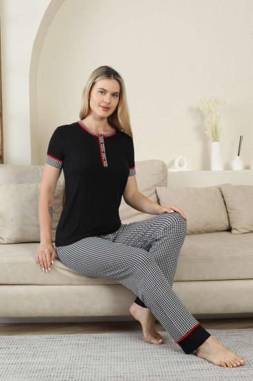 Kaz Ayağı Desenli Kadın Pijama Takımı - Siyah Kısa Kollu Likralı Rink Viskon 2871KY