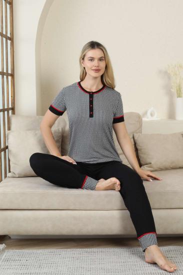 Kaz Ayağı Desenli Kadın Pijama Takımı - Siyah Kısa Kollu Likralı Rink Viskon 2869KY