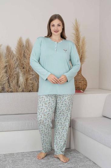 Büyük Beden Bayan Pijama Takımı - Su Yeşili Çiçek Desen Uzun Kol Likralı Viskon 2874UYB