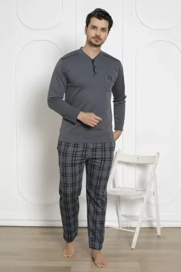 Ekoseli Erkek Pijama Takımı - Füme Kışlık Jakarlıİnterlok 1211UK