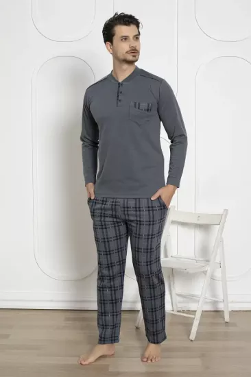 Ekoseli Erkek Pijama Takımı - Füme Kışlık Jakarlıİnterlok 1211UK