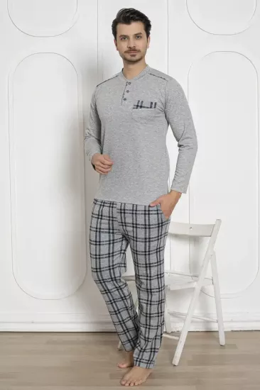 Ekoseli Erkek Pijama Takımı - Gri Kışlık Jakarlı İnterlok 1211UK