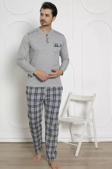 Ekoseli Erkek Pijama Takımı - Gri Kışlık Jakarlı İnterlok 1211UK