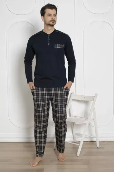 Ekoseli Erkek Pijama Takımı - Lacivert Kışlık Jakarlı İnterlok 1211UK