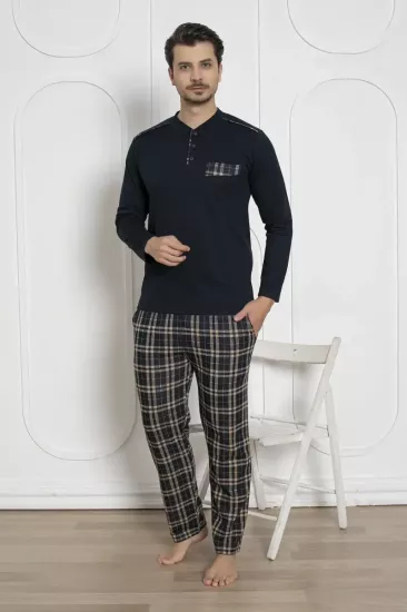 Ekoseli Erkek Pijama Takımı - Lacivert Kışlık Jakarlı İnterlok 1211UK