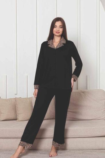 Önden Düğmeli Kadın Pijama Takımı - Siyah Leopar Desen Dakalı Uzun Kol Likralı Rink Viskon 2877UY