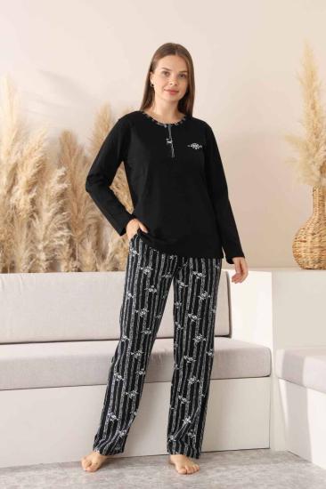 Çizgili Kadın Pijama Takımı - Siyah Nakışlı Uzun Kollu Likralı Pamuk 2883UK