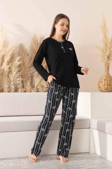 Çizgili Kadın Pijama Takımı - Siyah Nakışlı Uzun Kollu Likralı Pamuk 2883UK