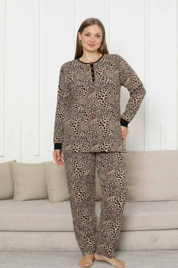 Büyük Beden Kadın Pijama Takımı - Leopar Desenli Uzun Kollu Likralı Pamuk 2880UKB
