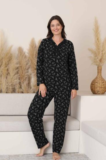 Kadın Pijama Takımı - Siyah Çiçek Desen Uzun Kollu Likralı Pamuk 2882UK