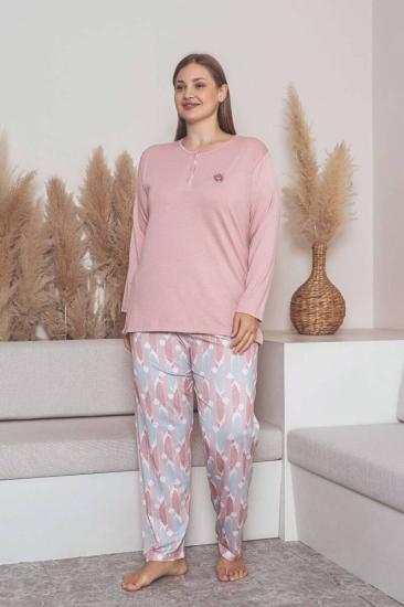 Büyük Beden Bayan Pijama Takımı - Pembe Çiçek Desen Uzun Kol Likralı Penye 2859UYB