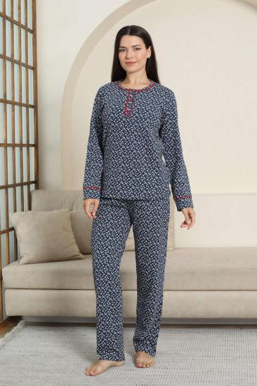 Kadın Pijama Takımı - Lacivert Papatya Desenli Uzun Kollu Likralı Pamuk 2881UK