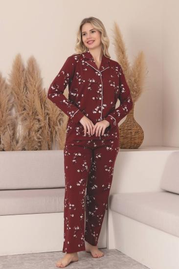 Önden Düğmeli Kadın Pijama Takımı -Çiçek Desenli Uzun Kollu Likralı Penye 2889UK