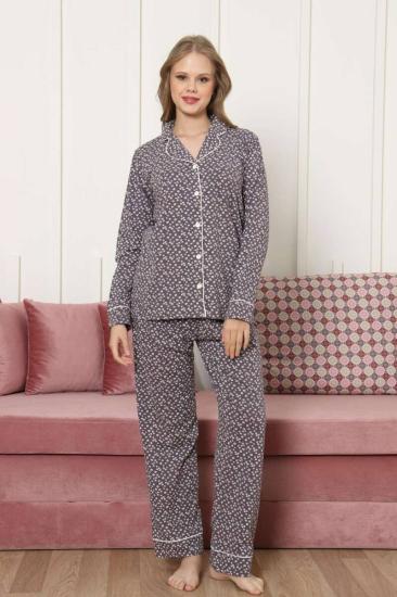 Önden Düğmeli Kadın Pijama Takımı - Mürdüm Papatya Desenli Uzun Kollu Likralı Pamuk 2886UKL