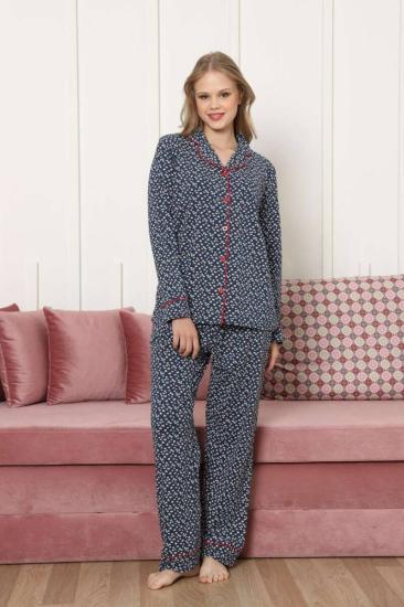 Önden Düğmeli Kadın Pijama Takımı - Lacivert Papatya Desenli Uzun Kollu Likralı Pamuk 2886UKL