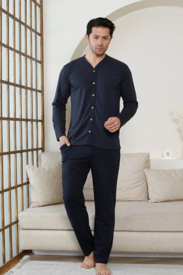 Önden Düğmeli Erkek Pijama Takımı - Lacivert Uzun Kol Likralı Pamuk 1214UY