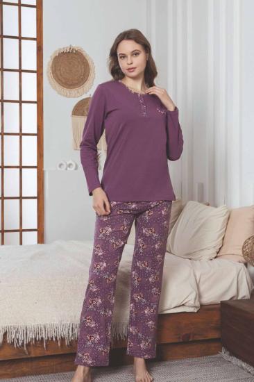 Kadın Pijama Takımı - Mürdüm Çiçek Desen Uzun Kol Likralı Penye 2892UKL