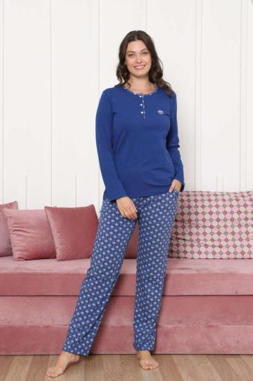 Kadın Pijama Takımı - İndigo Etnik Desen Uzun Kol Likralı Penye 2890UKL