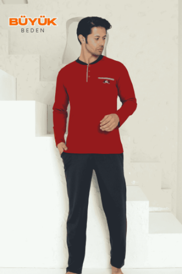 Büyük Beden Erkek Pijama Takımı - Bordo Arma Nakışlı Likralı Uzun Kollu Penye 1194UKB