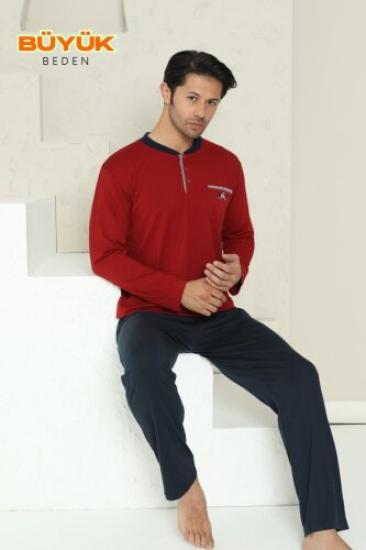 Büyük Beden Erkek Pijama Takımı - Bordo Arma Nakışlı Likralı Uzun Kollu Penye 1194UKB