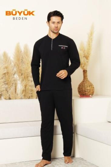 Büyük Beden Erkek Pijama Takımı - Lacivert Arma Nakışlı Likralı Uzun Kollu Penye 1194UKB