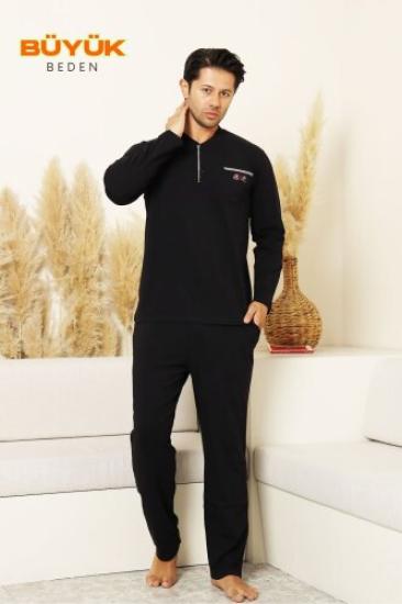 Büyük Beden Erkek Pijama Takımı - Lacivert Arma Nakışlı Likralı Uzun Kollu Penye 1194UKB