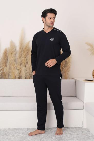 Erkek Pijama Takımı - Siyah Arma Nakışlı Biyeli Uzun Kollu Penye 1216UY