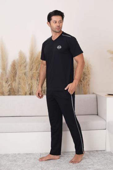 Erkek Pijama Takımı - Siyah Arma Nakışlı Biyeli Kısa Kollu Penye 1216KY