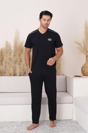 Erkek Pijama Takımı - Siyah Arma Nakışlı Biyeli Kısa Kollu Penye 1216KY