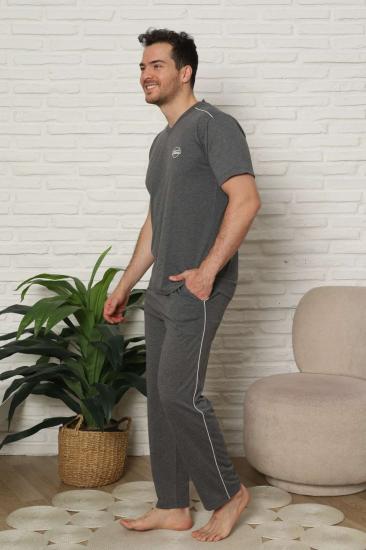 Erkek Pijama Takımı - Antrasit Arma Nakışlı Biyeli Kısa Kollu Penye 1216KY
